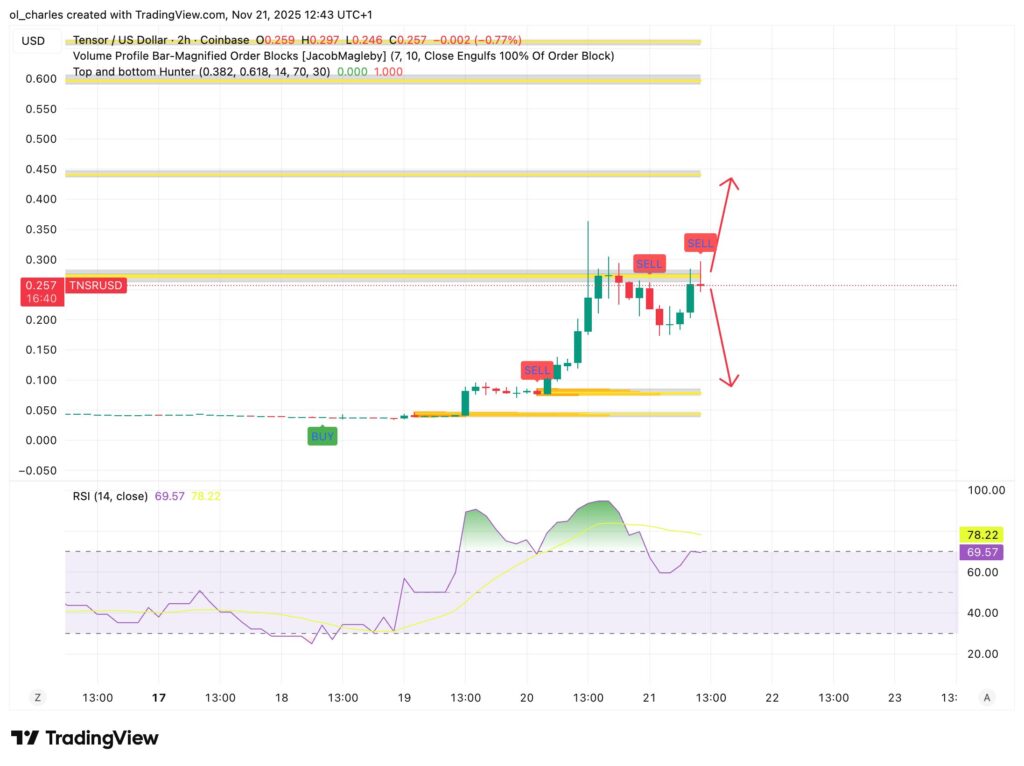 preço do tensor TNSR em 2 horas com Order Blocks e RSI