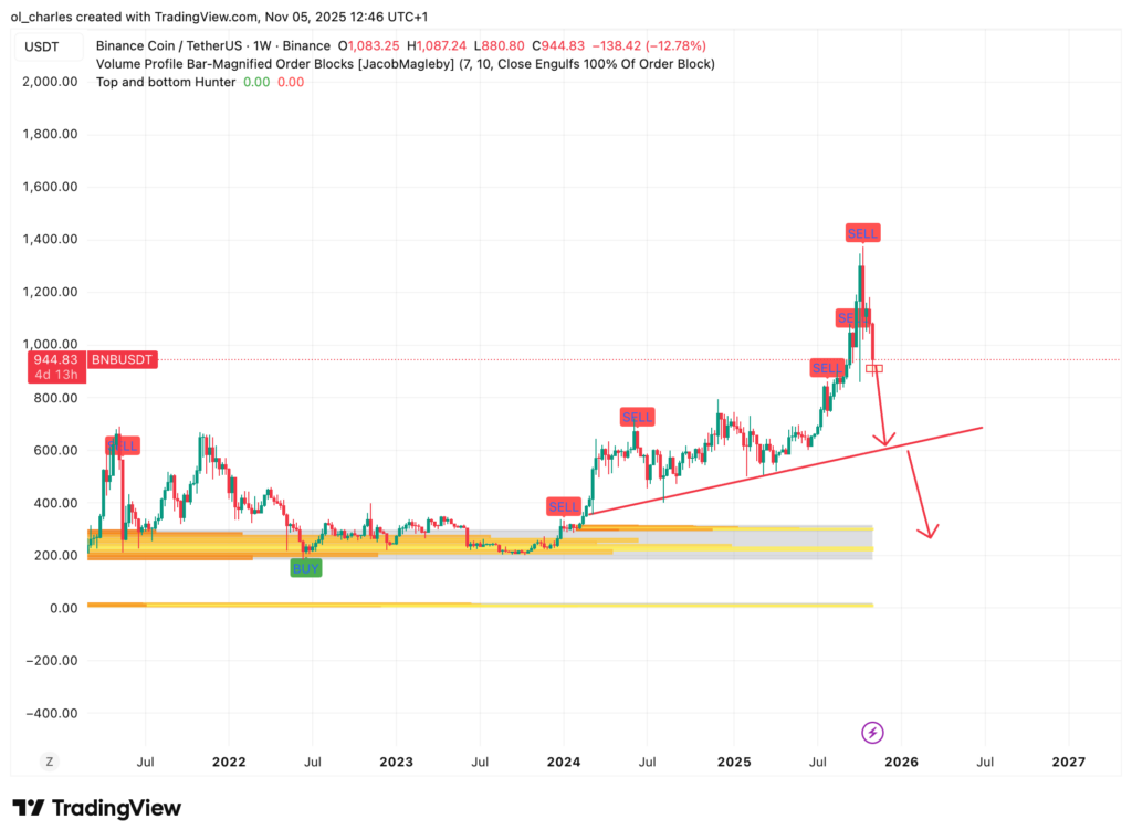 Altcoins: gráfico do preço do BNB em 1 semana com Order Block e sinal de venda