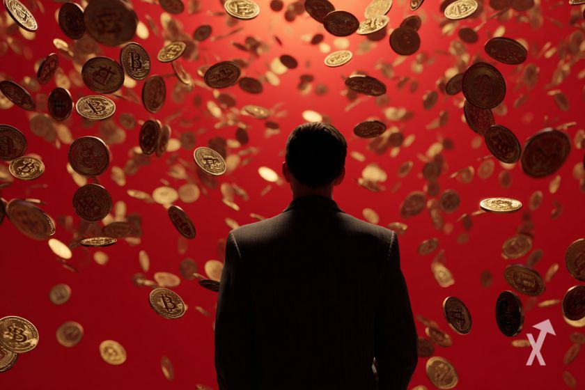 Um homem vendo Bitcoins caindo.