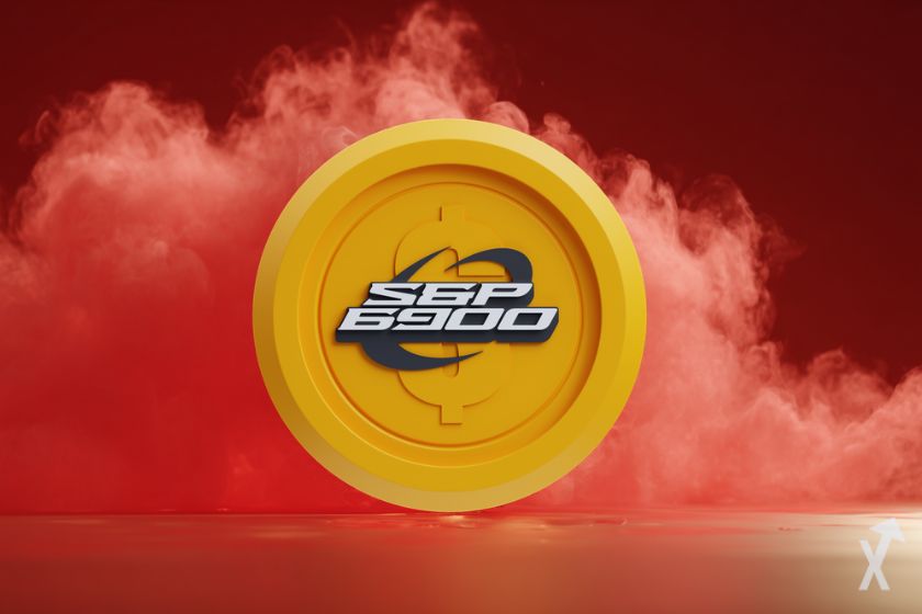 Moeda SPX6900 envolta em fumo vermelho.