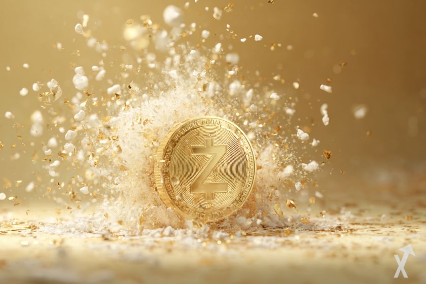 moeda 3D dourada zcash zec em explosão branca e dourada, em fundo dourado