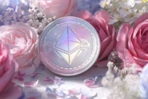 Moeda 3D ethereum brilhante entre flores.