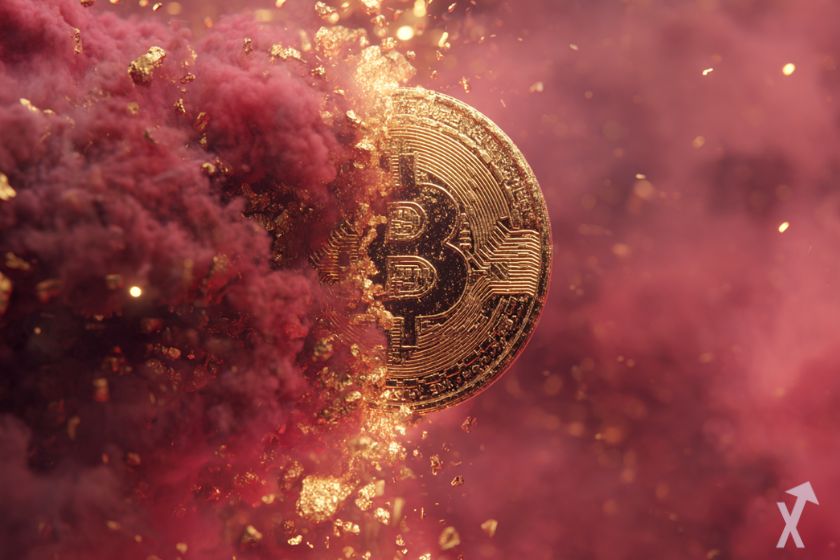 moeda 3D de bitcoin dourada em fumaça vermelha