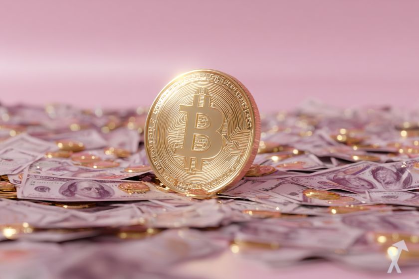 Moeda 3D bitcoin dourado em notas dólar sobre fundo rosa.