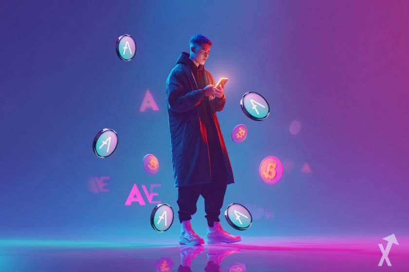 Jovem com telefone, logos AAVE e bitcoin.