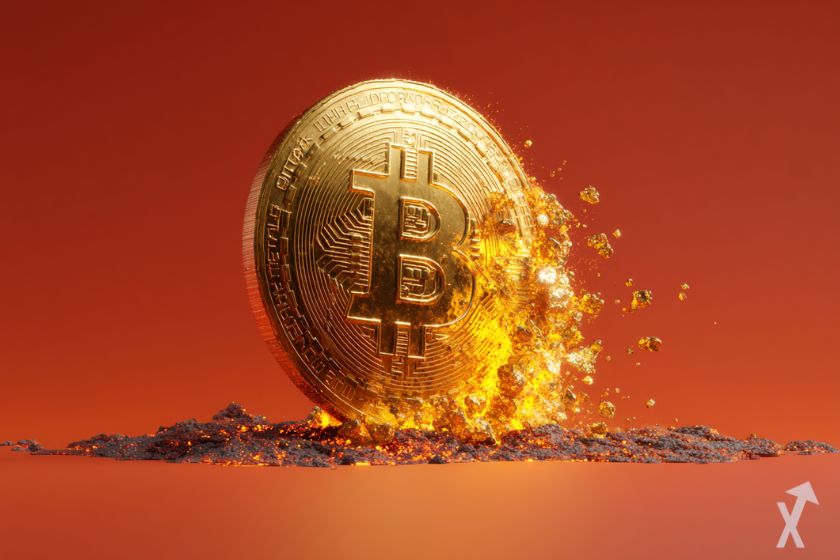 Moeda 3D bitcoin dourada em lava laranja sobre fundo vermelho.