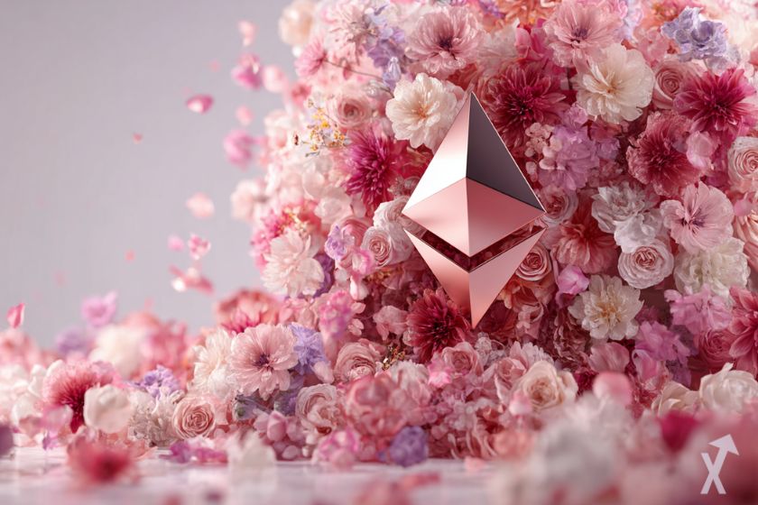 Moeda 3D Ethereum brilhante entre flores.