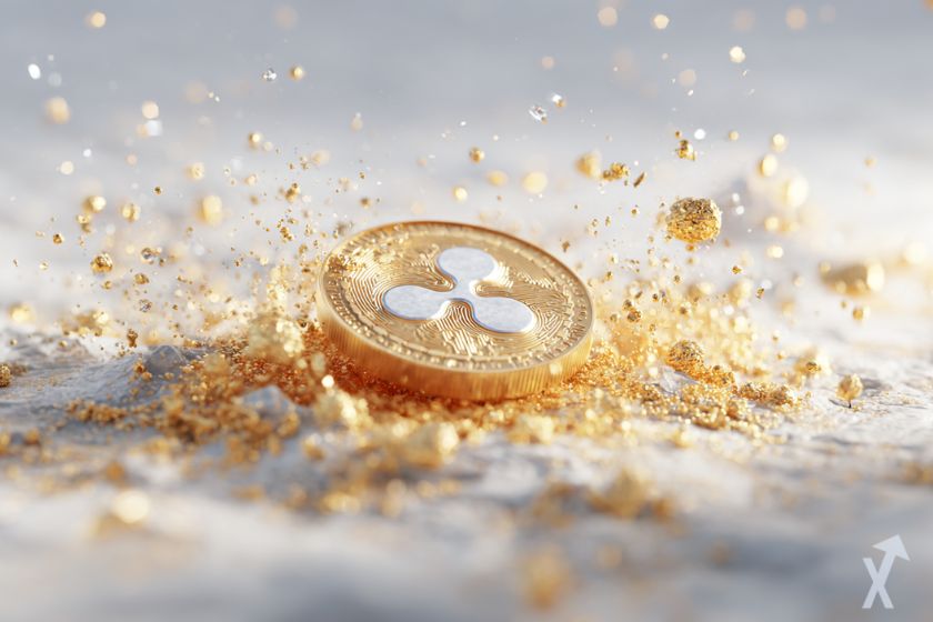 "Moeda 3D XRP dourada em explosão"