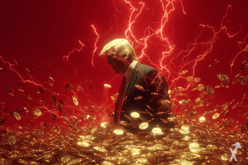 Trump gritando em chuva de bitcoins e eletricidade, fundo vermelho.