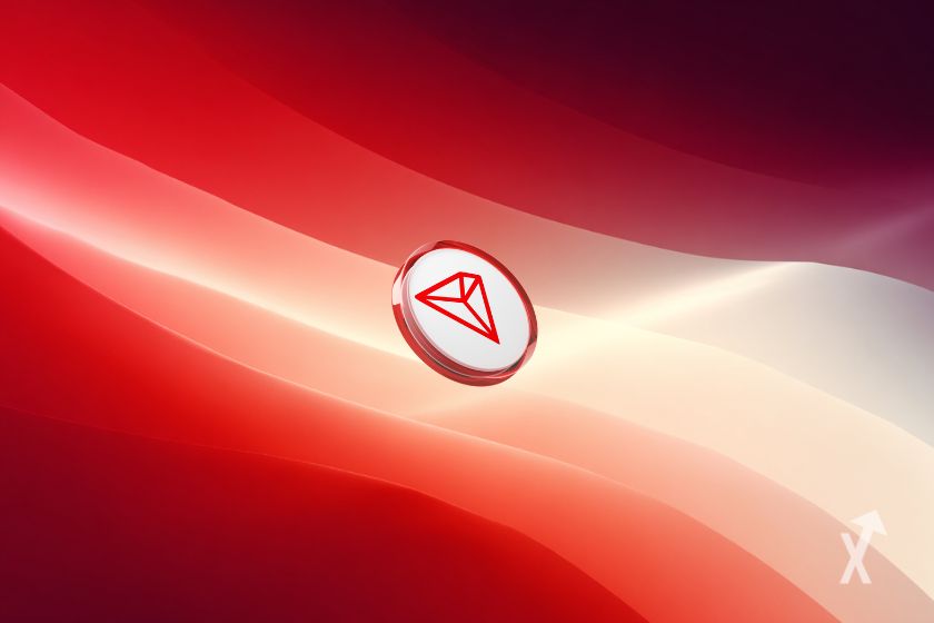 Um token branco com o logo TRX em um fundo vermelho com tons de cor.