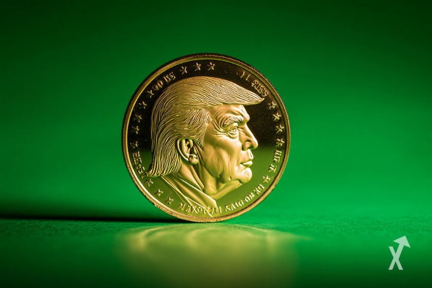 Uma moeda de ouro com Donald Trump de perfil em fundo verde.