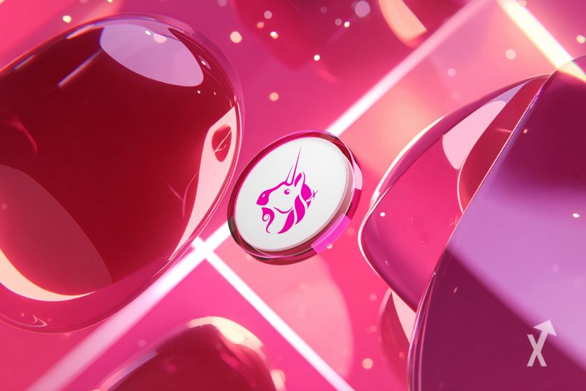 O token Uniswap em fundo rosa.