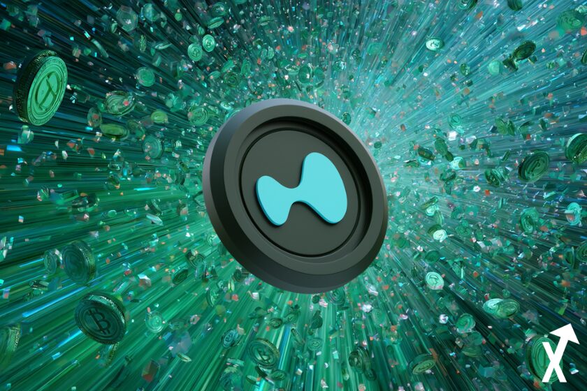 moeda hype preta sobre fundo Bitcoin.