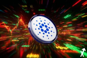 ADA Cardano azul branco sobre gráfico.