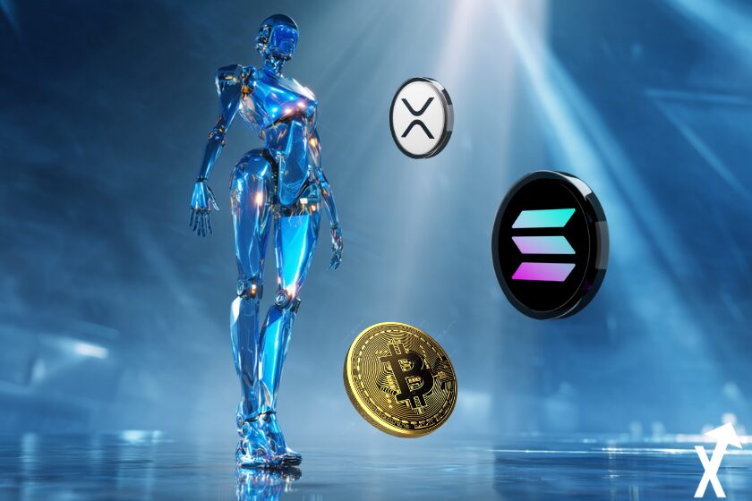 moedas xrp bitcoin ao lado de uma inteligência artificial chatgpt azul futurista