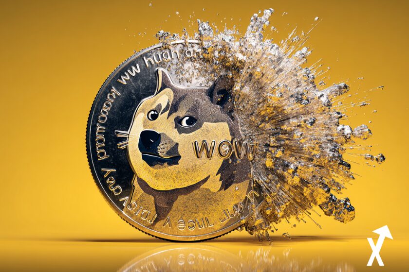Moeda Dogecoin dourada em fundo amarelo.