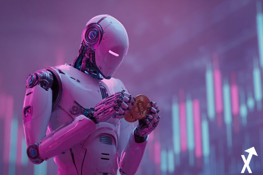 Robot cripto IA rosa e branca.