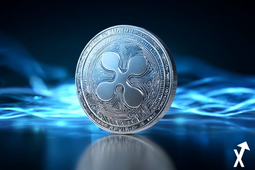 xrp moeda prateada em fundo azul.