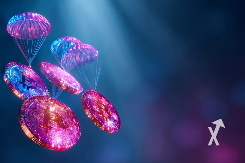 Paraquedas azuis e rosa com bitcoins.