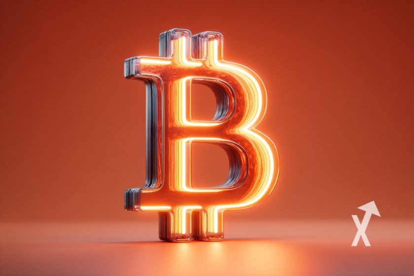 Logotipo do Bitcoin em néon amarelo.