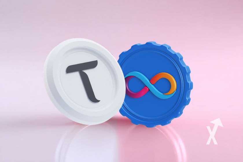 moeda TAO branca e moeda ICP azul em fundo rosa e branco