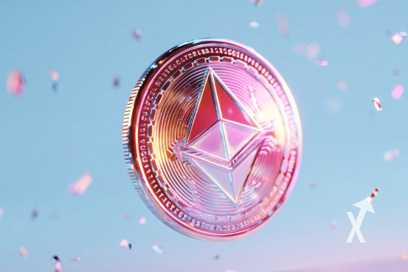 moeda ethereum em rosa com fundo azul claro