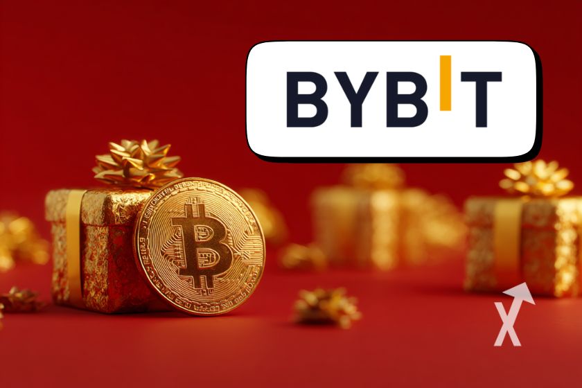 moeda Bitcoin com presentes em papel dourado em fundo vermelho com o logo ByBit