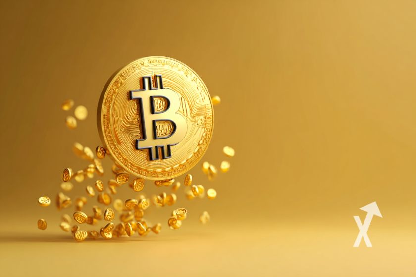 moeda Bitcoin amarela, pepitas ouro