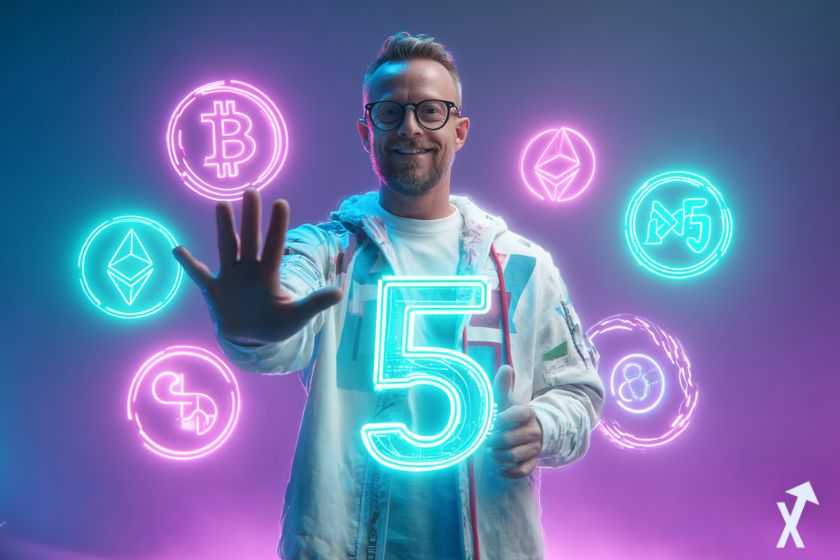 um trader mostrando "5" com fundo roxo e logos de criptomoedas ao redor.