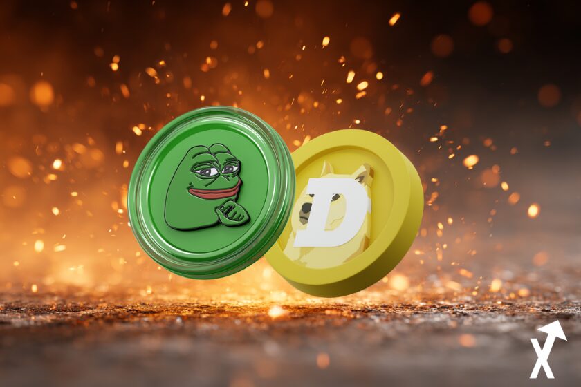 Moedas PEPE e DOGE em fundo dourado explosivo.