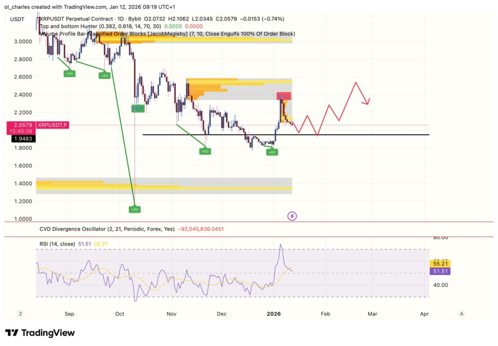 Preço do XRP em 1 dia com Order blocks e RSI