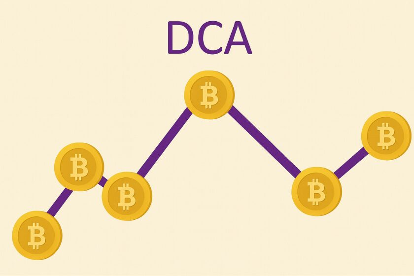 Une courbe violette et des pieces Bitcoin qui représentent l'investissement crypto en DCA