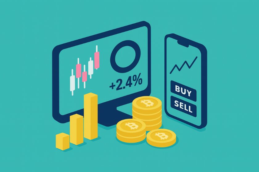 Un smartphone, une écran et des cryptomonnaies Bitcoin pour représenter l'investissement et le trading crypto