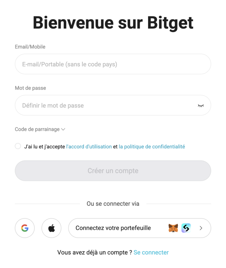 Page d'nscription Bitget