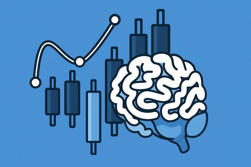 Un graphique en bougie et un cerveau sur fond bleu pour représenter la psychologie et l'analyse comportementale en trading