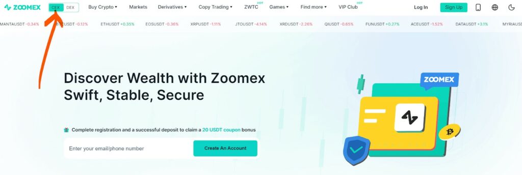 Interface d'accueil de Zoomex