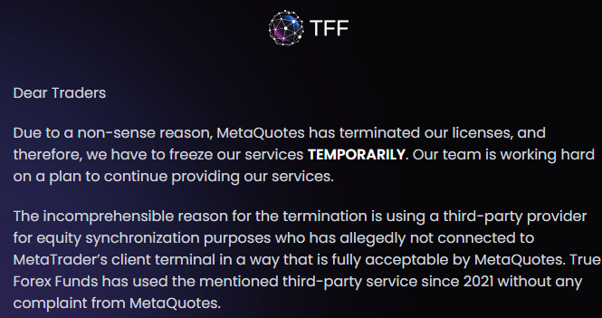True Forex Funds suspension temporaire