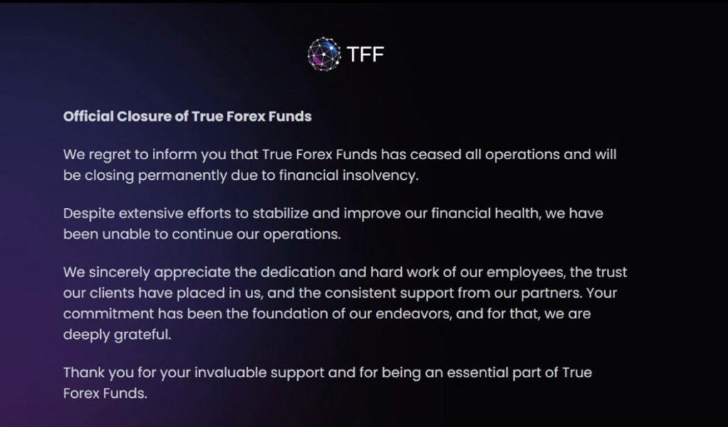 Fermeture officiel de la prop firm True Forex Funds