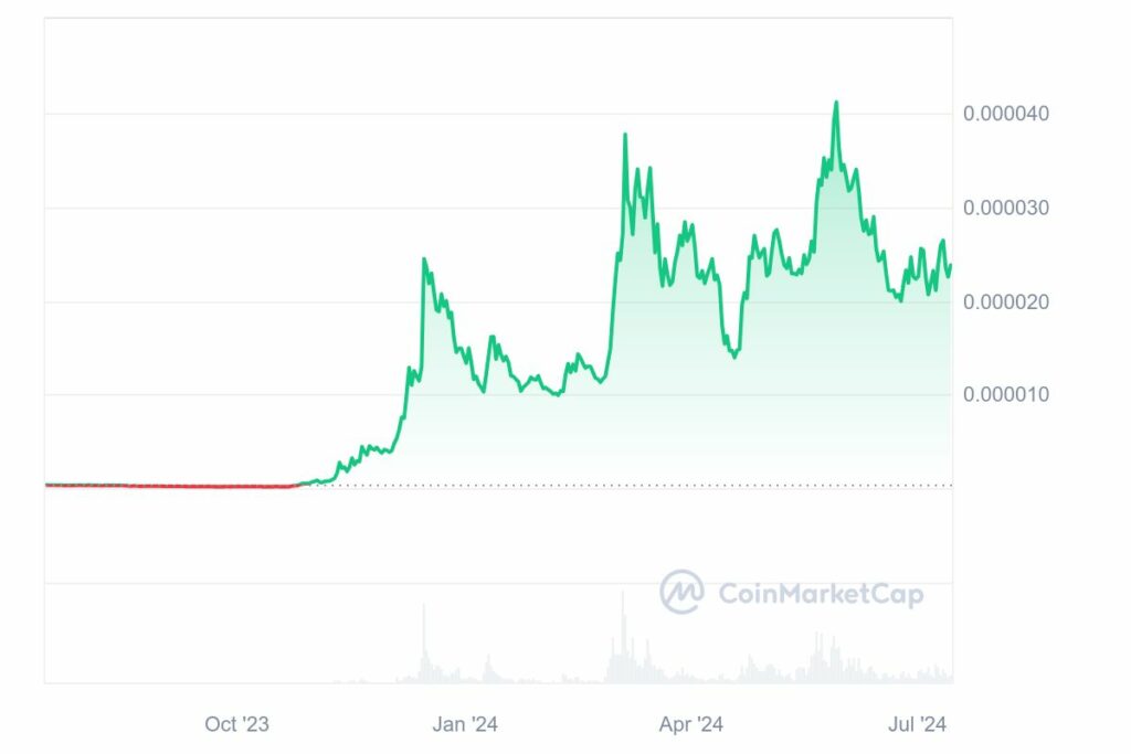 Graphique prix BONK cryptomonnaie affichant les plus gros gains 2024