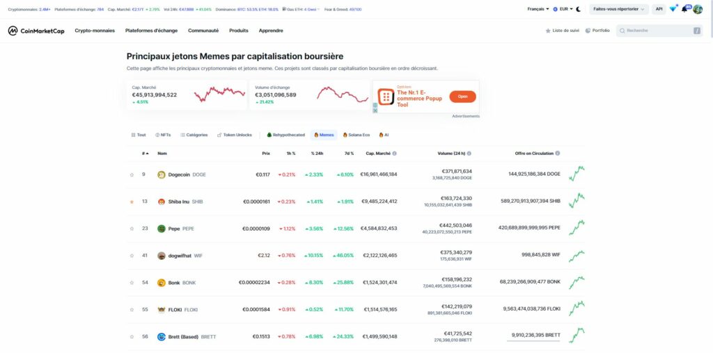 Capitalisation boursière des meme coins