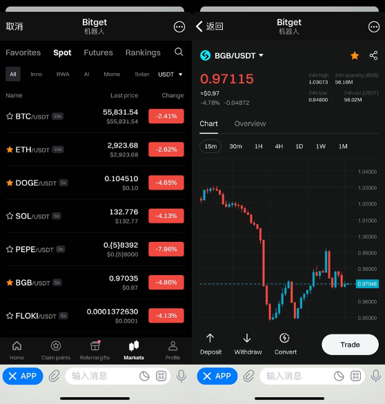 Choisir paire de trading Bitget Telegram