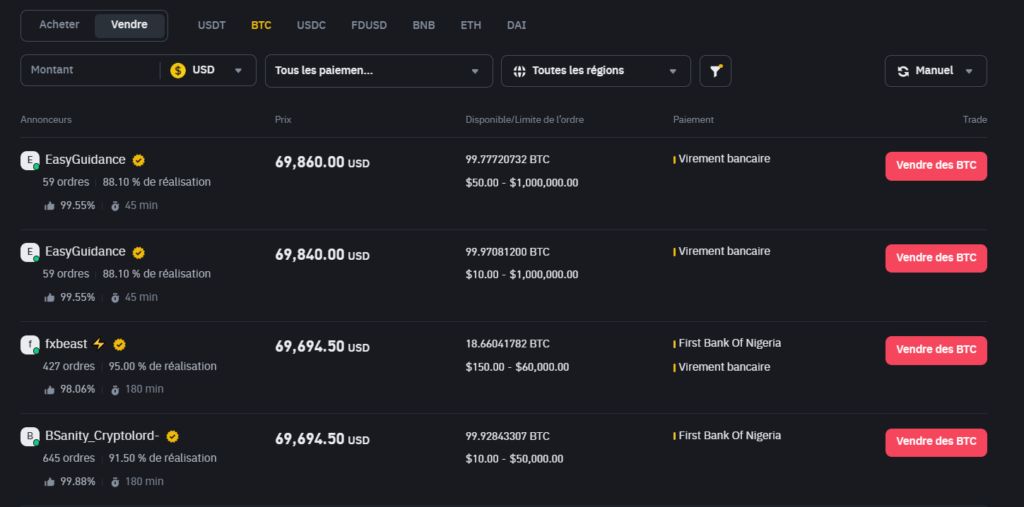 Binance P2P vendre ses bitcoins