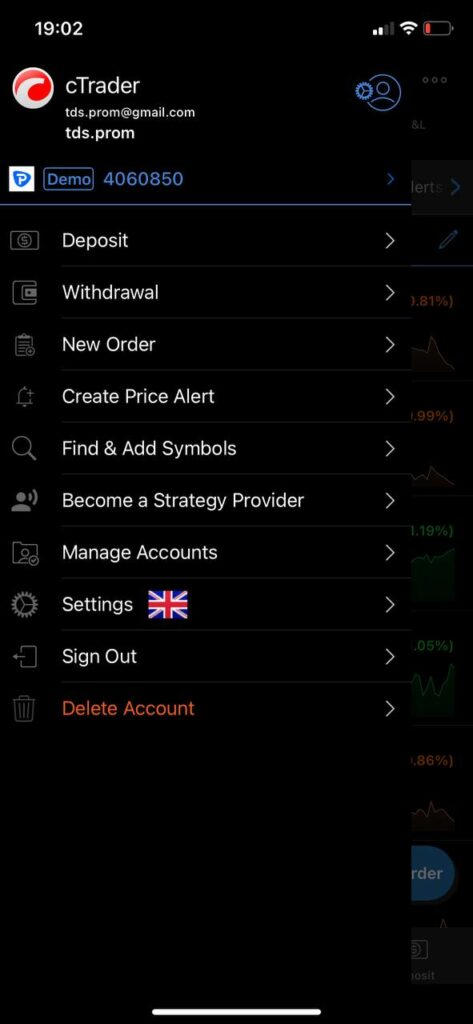 ctrader menu mobile