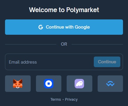 L'écran de connexion et d'inscription du site de Polymarket