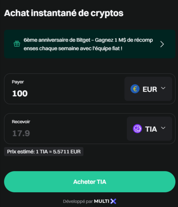 Achat direct crypto Celestia (TIA) sur Bitget