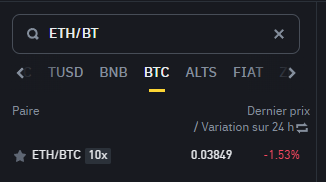 paire de trading BTC-ETH sur l'exchange Binance