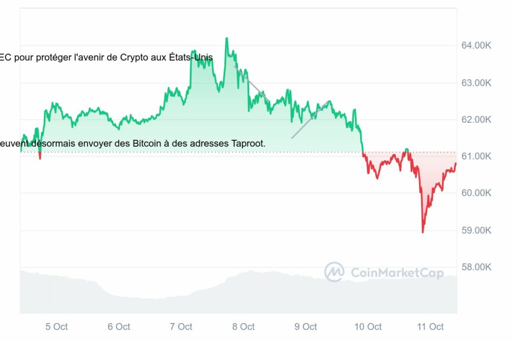 Graphique montrant l'évolution du prix du Bitcoin sur une période de 7 jours