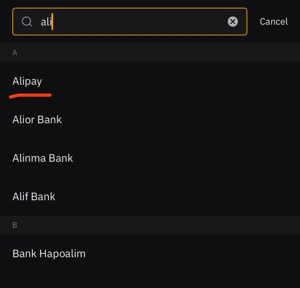 Sélectionnez Alipay dans Bybit