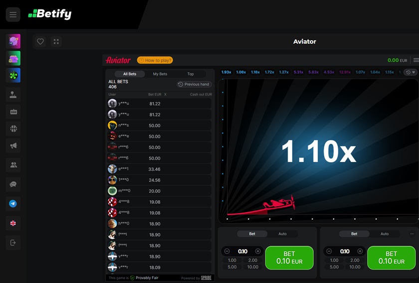 Jeu Aviator sur Betify Casino Crypto