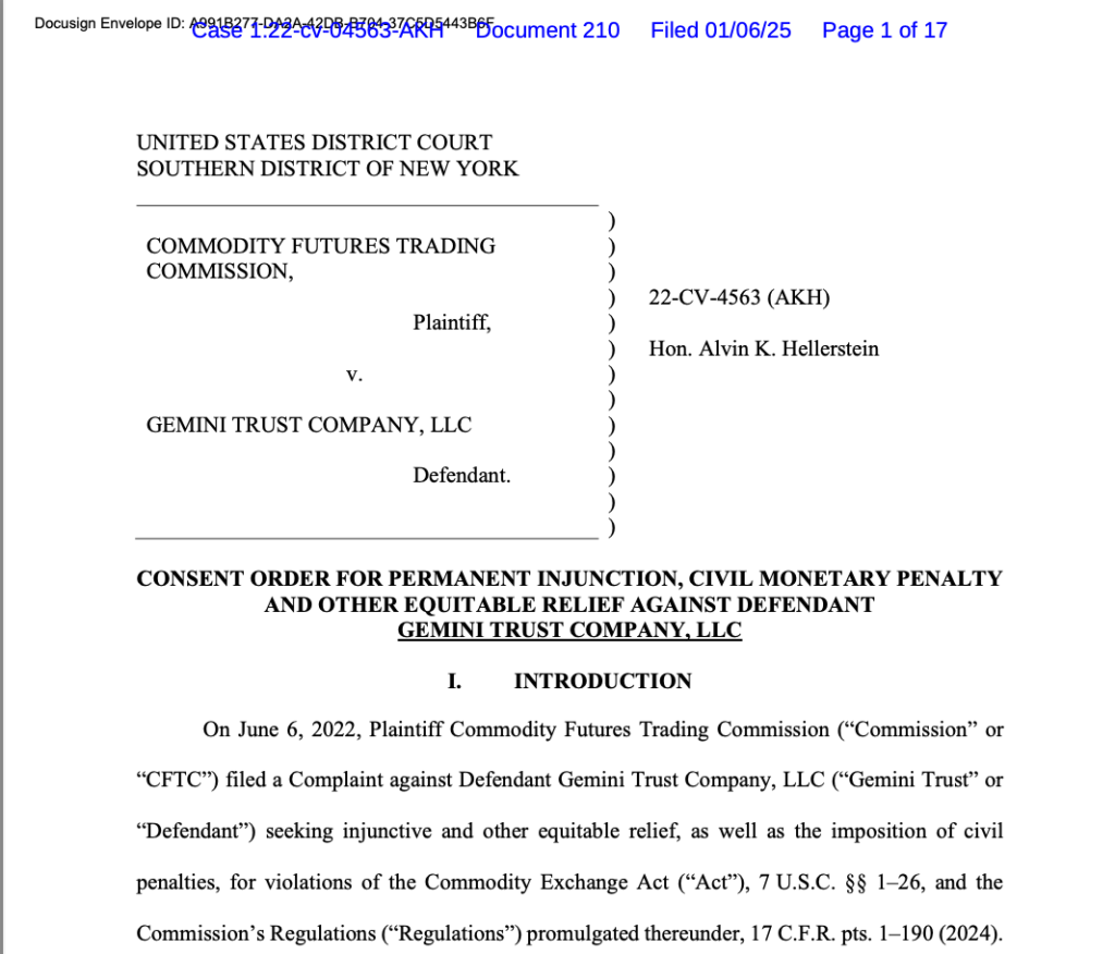 Issue de l'affaire crypto Gemini VS CFTC